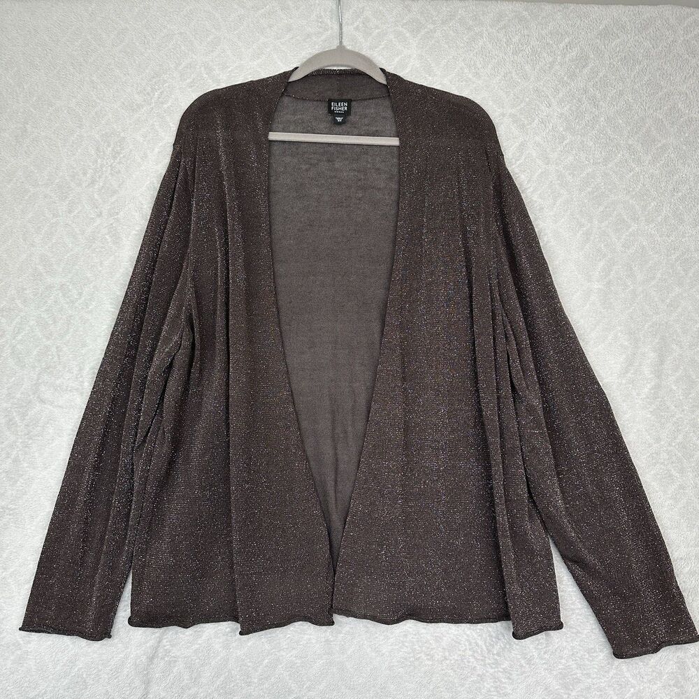 Eileen Fisher Linen Blend Open Cardigan Sweater 3X Brown Sparkle Knit Lagenlook